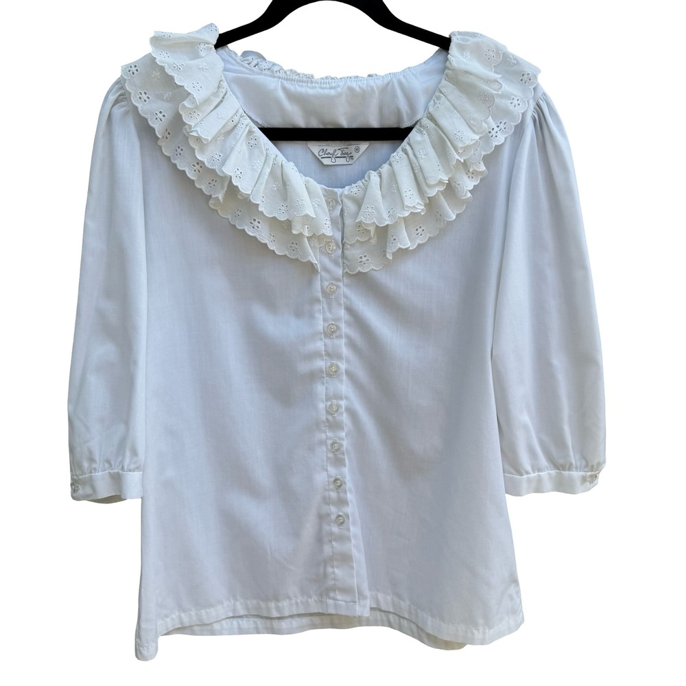 Cheryl Tiegs Vintage 80s Eyelet Ruffle Blouse Cottagecore Victorian Coquette 16